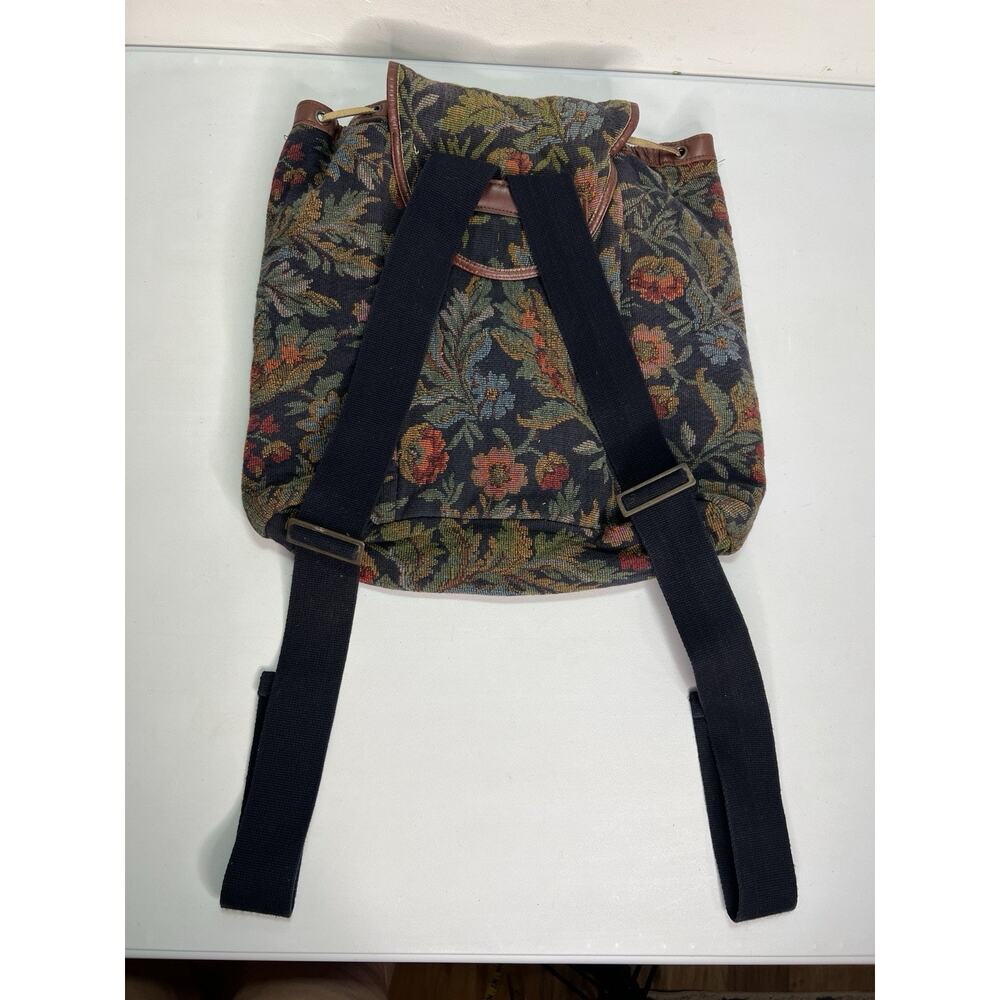 Vintage GAP Floral Tapestry Drawstring Backpack Y2K Boho Cottage Leather Trim - Picture 3 of 10